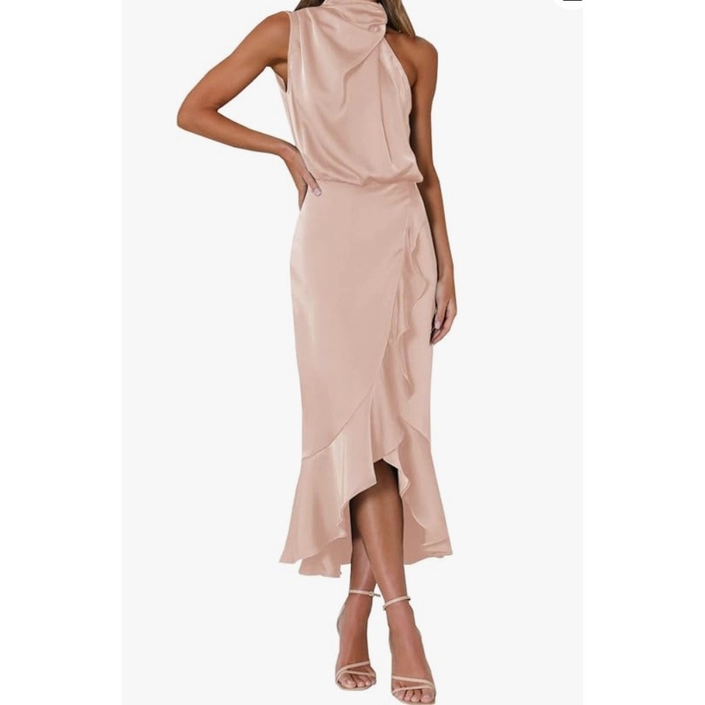 Blush‎ Pink Satin Mock Neck Cocktail Dress Ruffle High Low Maxi Womens Size M